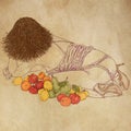 Woman lying down and lined with fruit